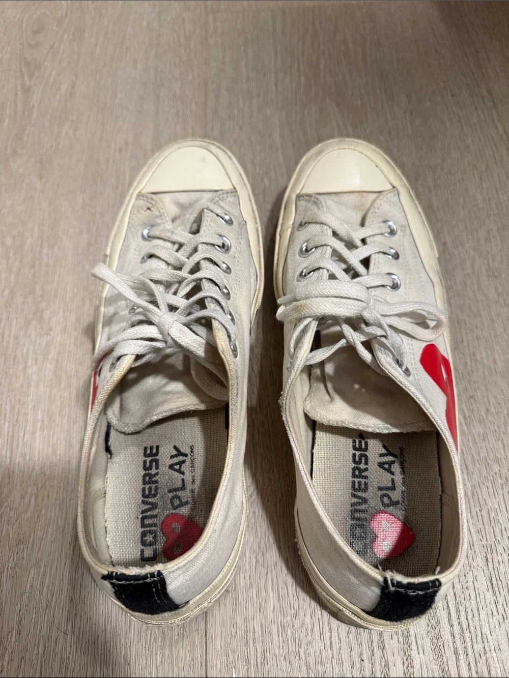 Comme des Garcons PLAY Off-White Canvas Low-Top Sneakers with Red Heart
